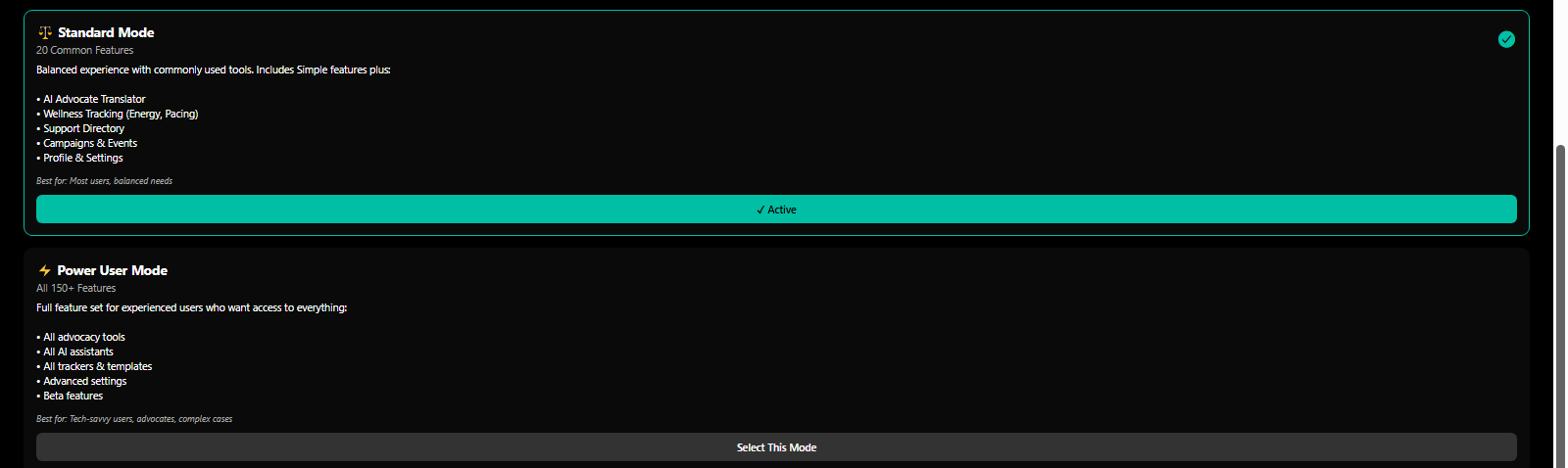 Complexity modes: Standard (50 features) and Power User (150+ features) for advanced advocacy - 3mpwrApp